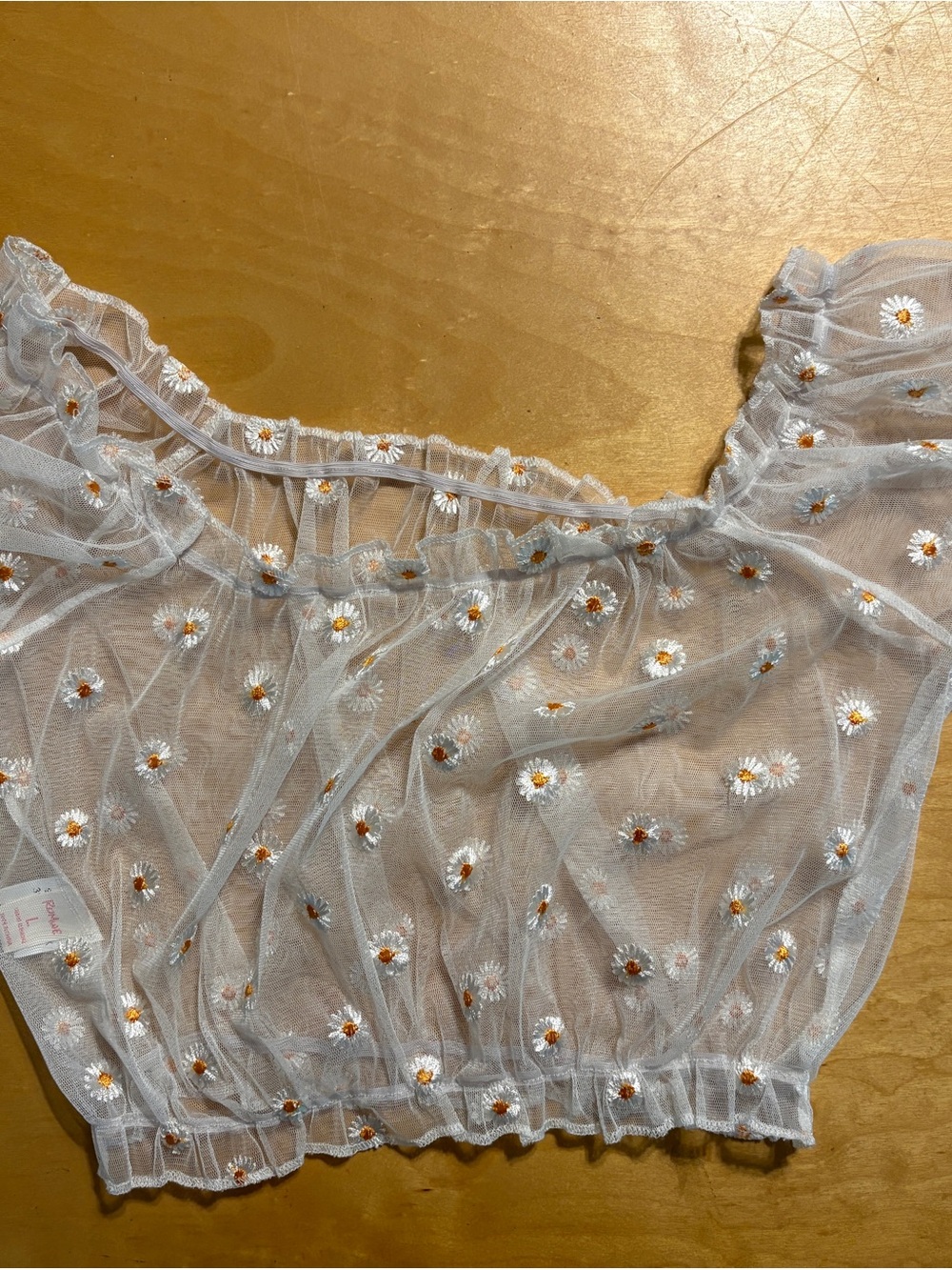 #77 - MUST GO! ROMWE Sheer Daisy Embroidered Crop Top - White and Yellow - Large